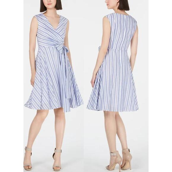 Calvin Klein Dresses & Skirts - Calvin Klein Size 0 Blue White Striped Fit Flare Knee Dress Picnic Cottagecore